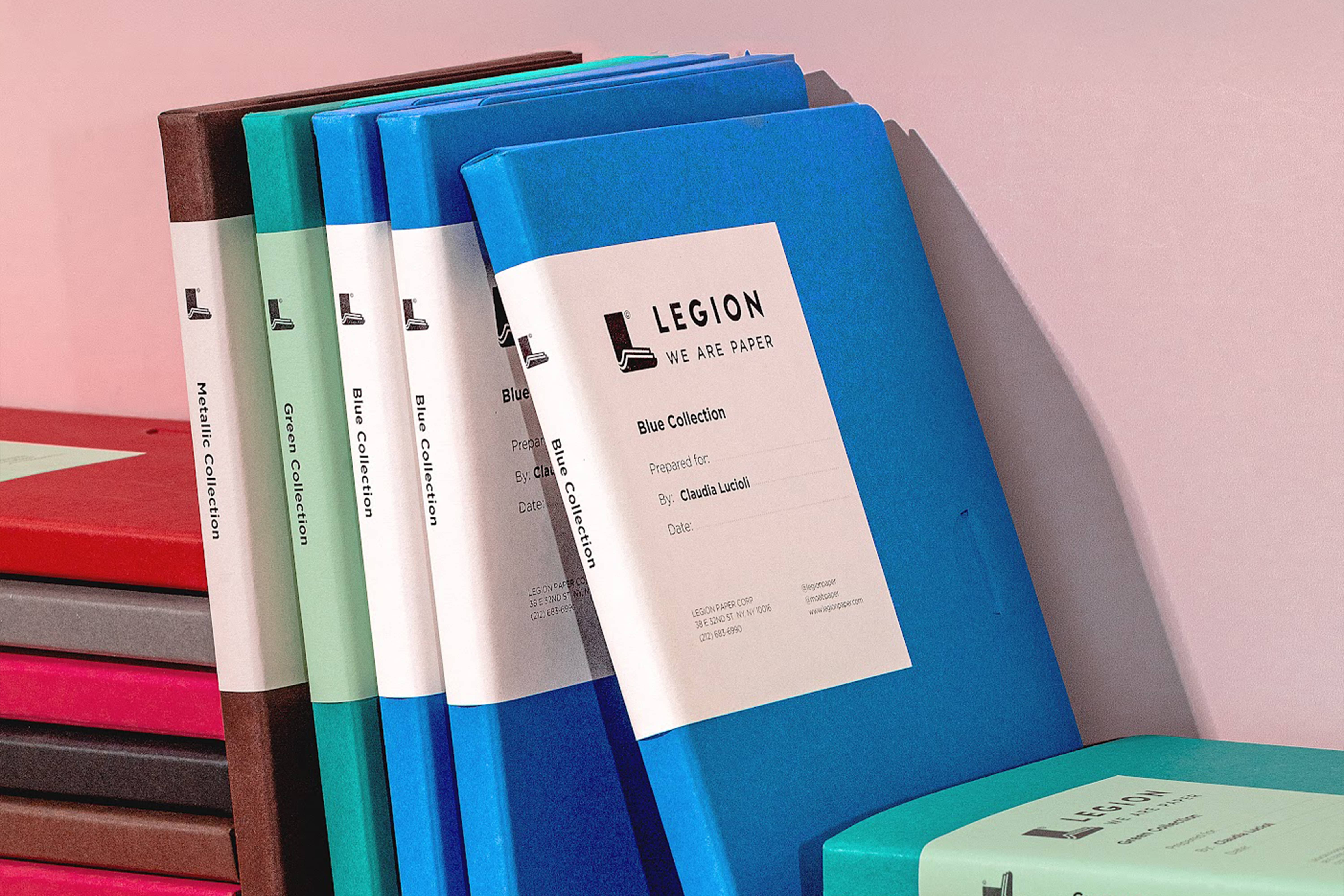 Legion Paper Samplers on a shelf.