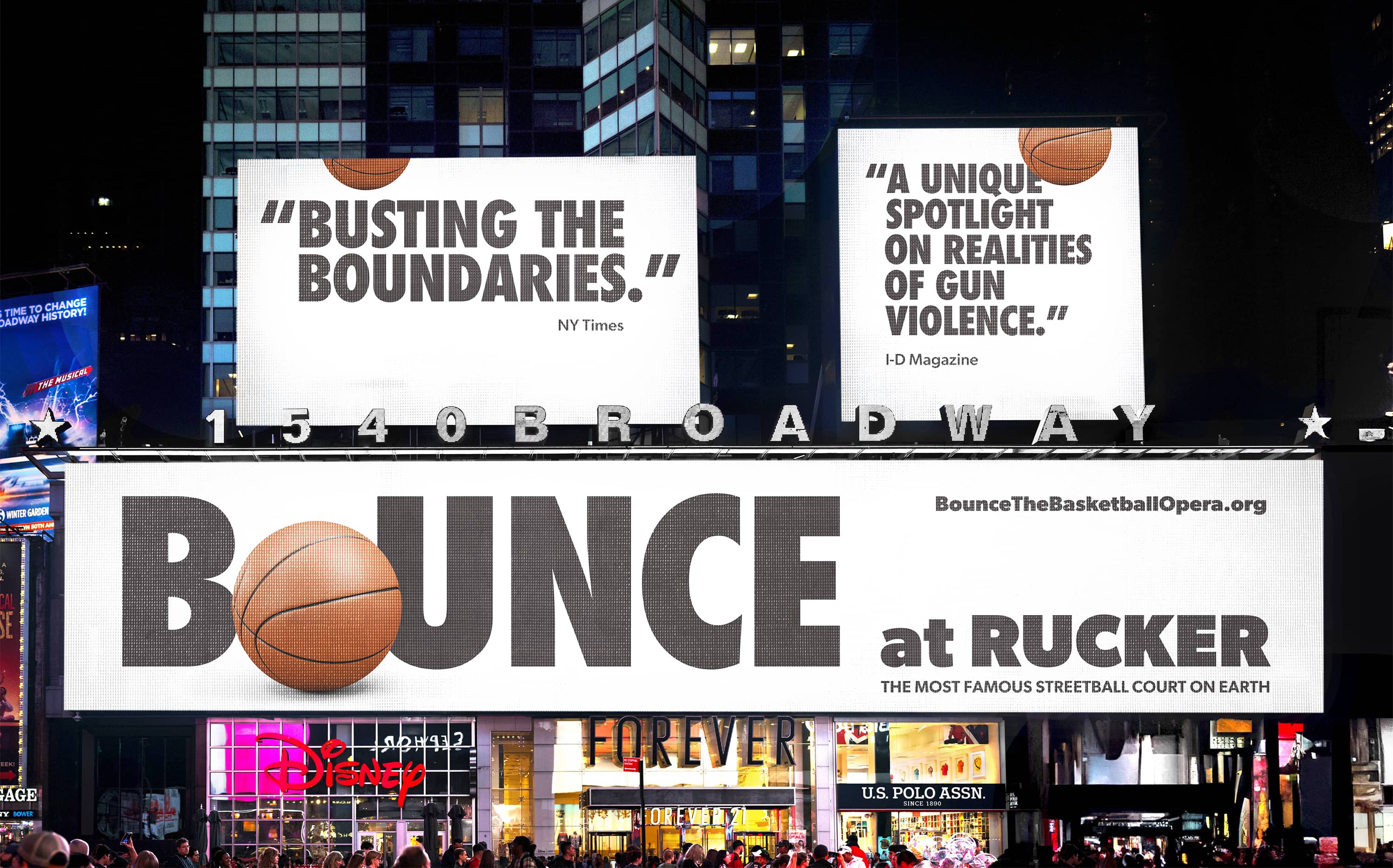 Signage with the Bounce logo, basketball integrated in the typography.