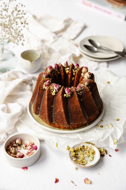 A Vanilla, Rose and Pistachio Bundt baked in the Nordic Ware Kegelhopf pan
