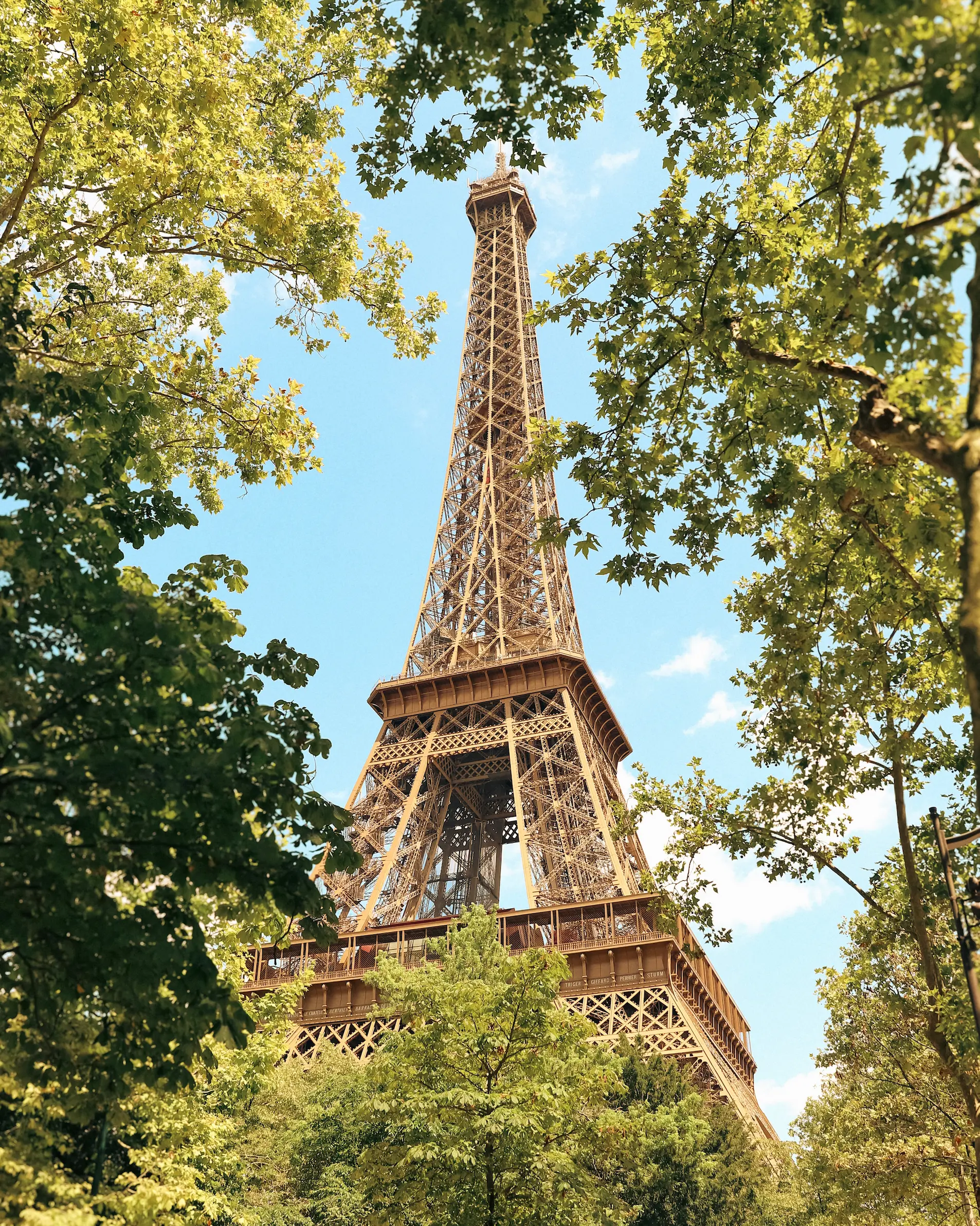 The Eiffel Tower in Paris framed by lush green trees on a bright summer day, captured during a day trip from Troyes, France