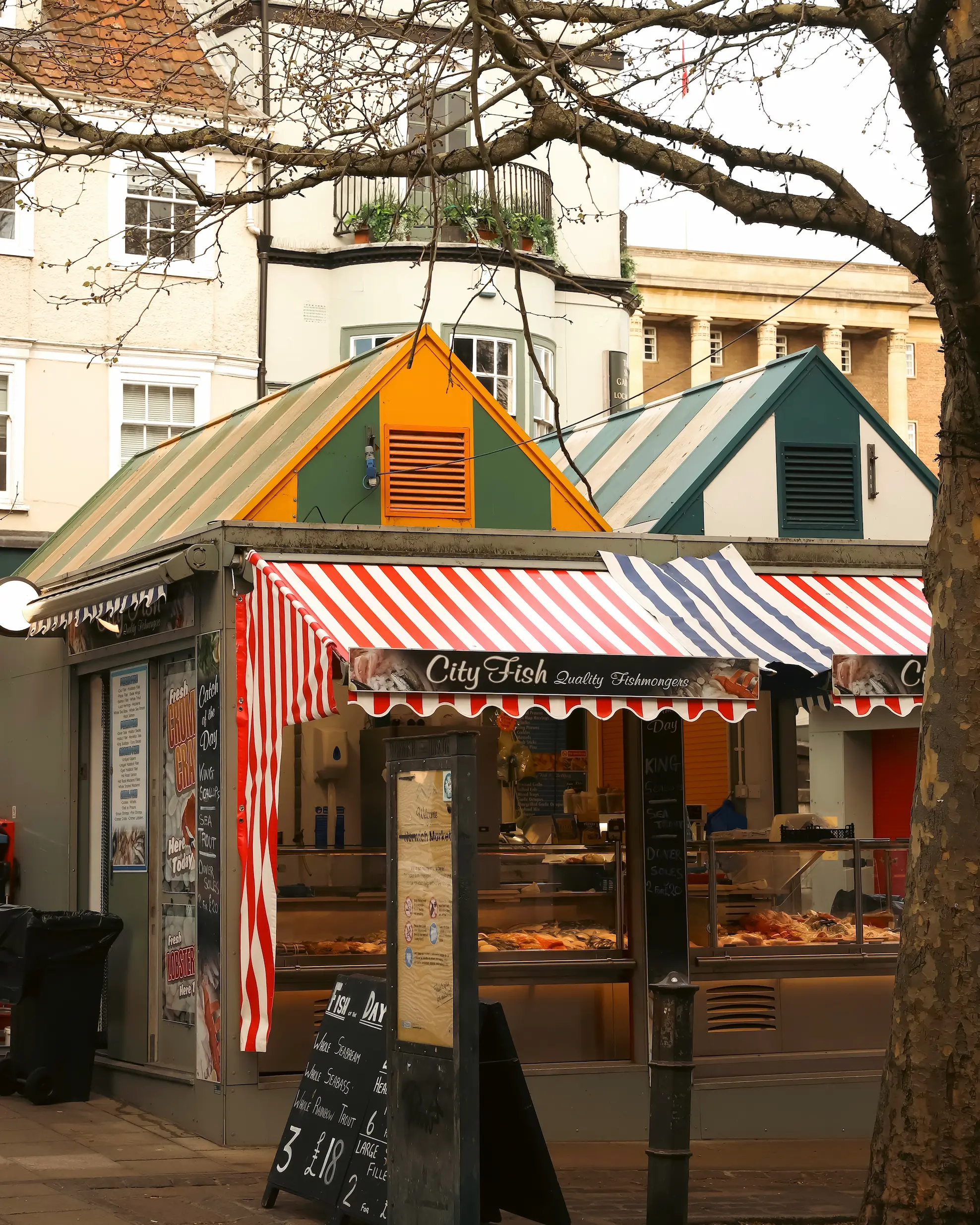 City Fish stall at Norwich Market with red and white striped awning and fresh seafood on display.