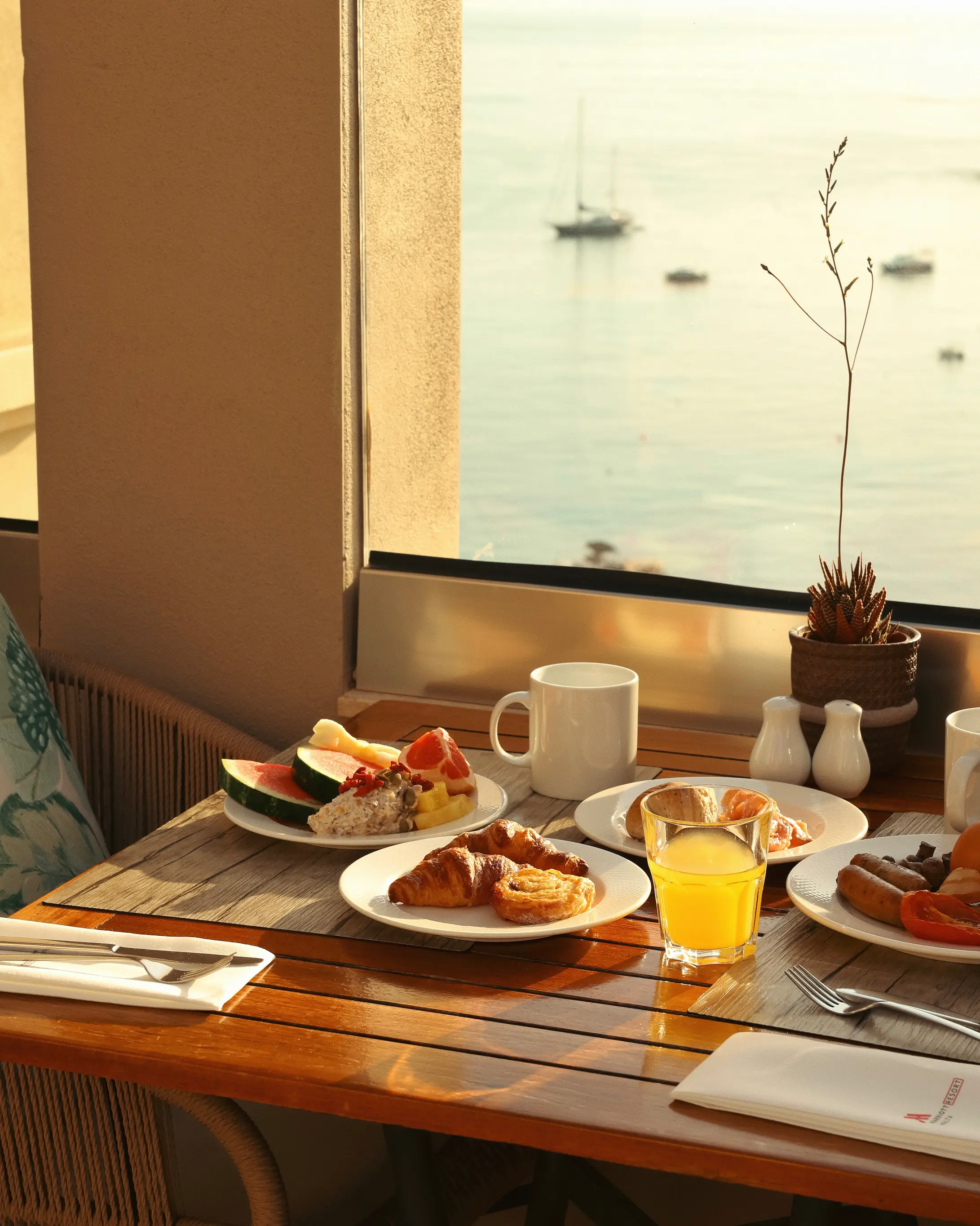 Breakfast spread at the M Club lounge at Malta Marriott Hotel & Spa, overlooking the calm waters of Balluta Bay in St Julian's.