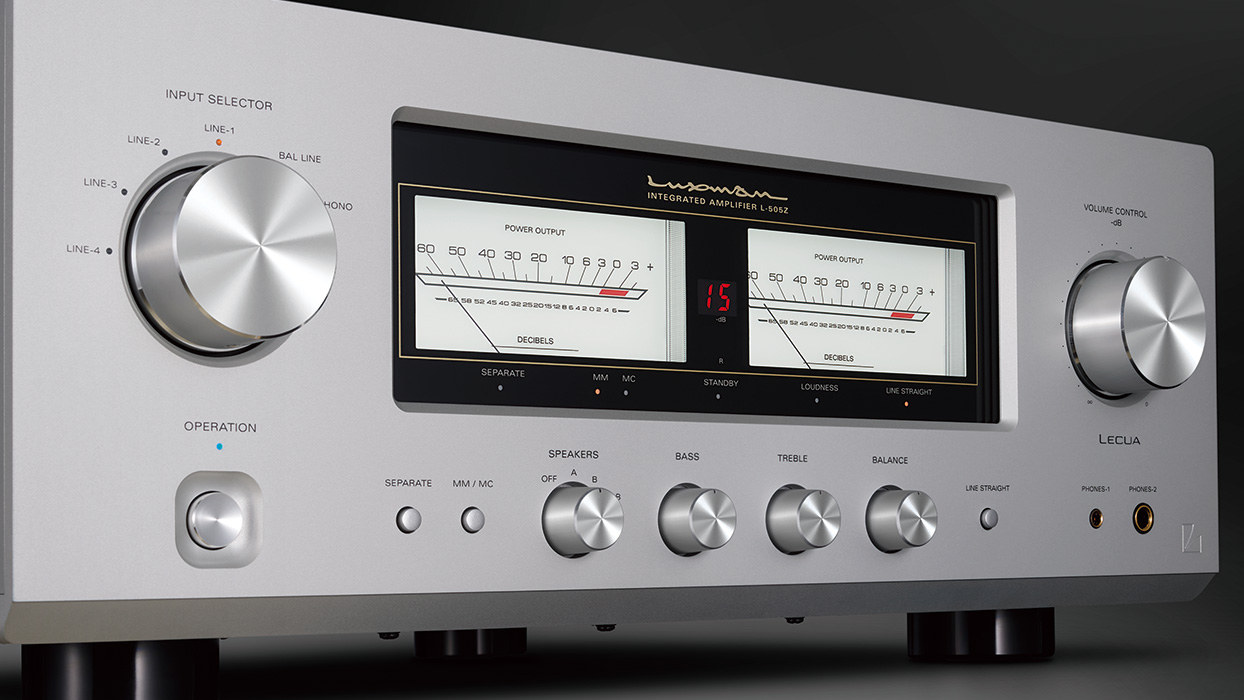 Front panel of the Luxman L-505Z integrated amplifier in silver, with twin analog power meters, input selector and volume knobs.