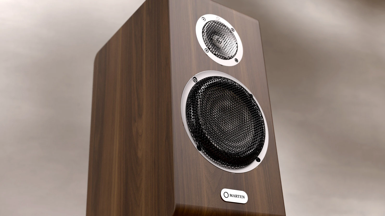 Marten Oscar Duo stand-mounted speaker in walnut, showing the tweeter, mid/bass driver and Marten badge.