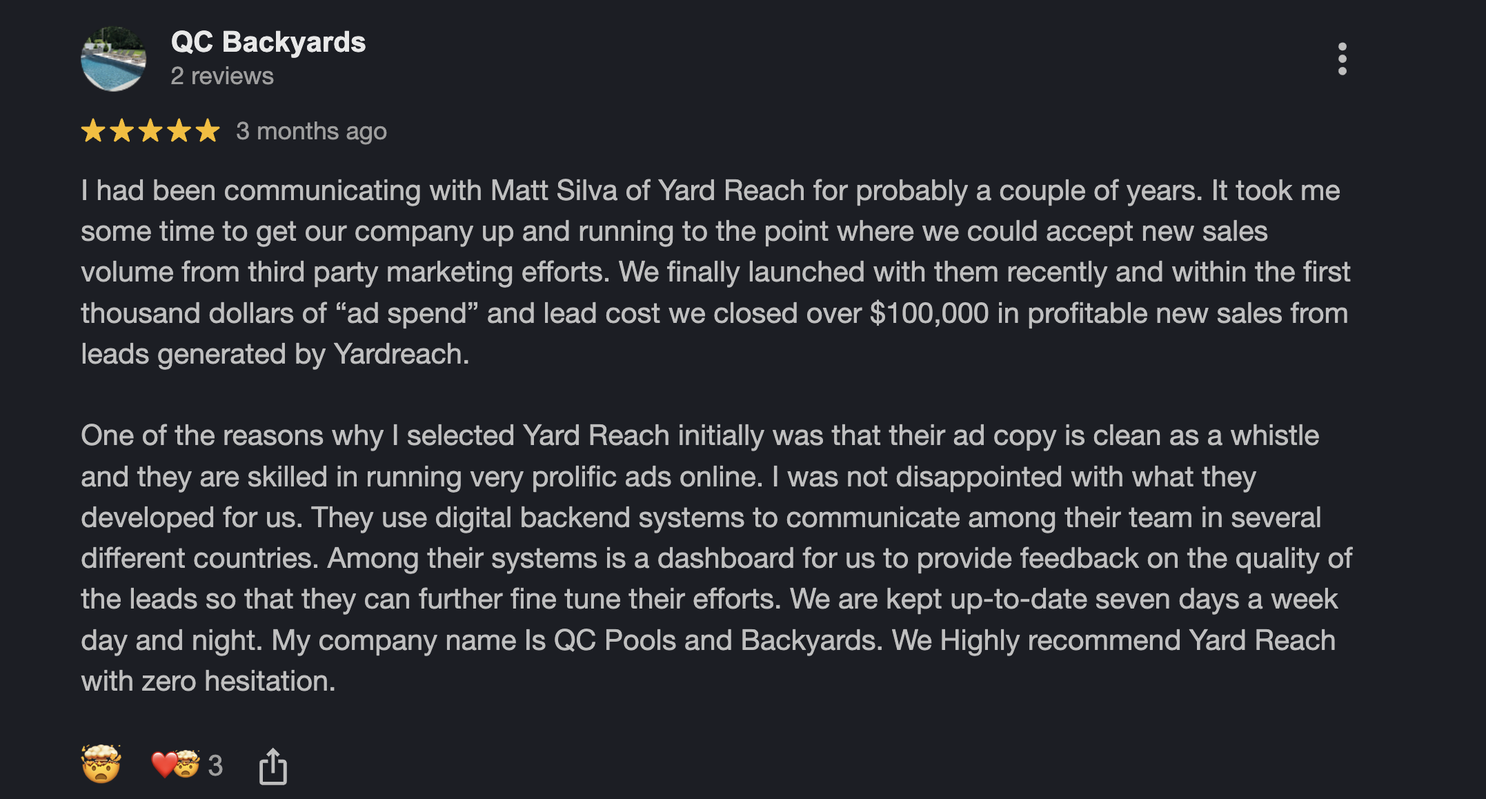 YardReach Outdoor Living Lead Generation Review from QC Pools & Backyards