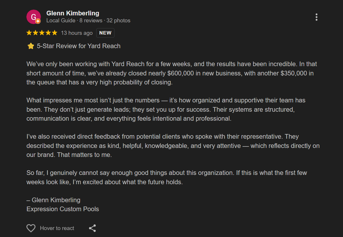 YardReach Outdoor Living Lead Generation Review from Expression Custom Pools