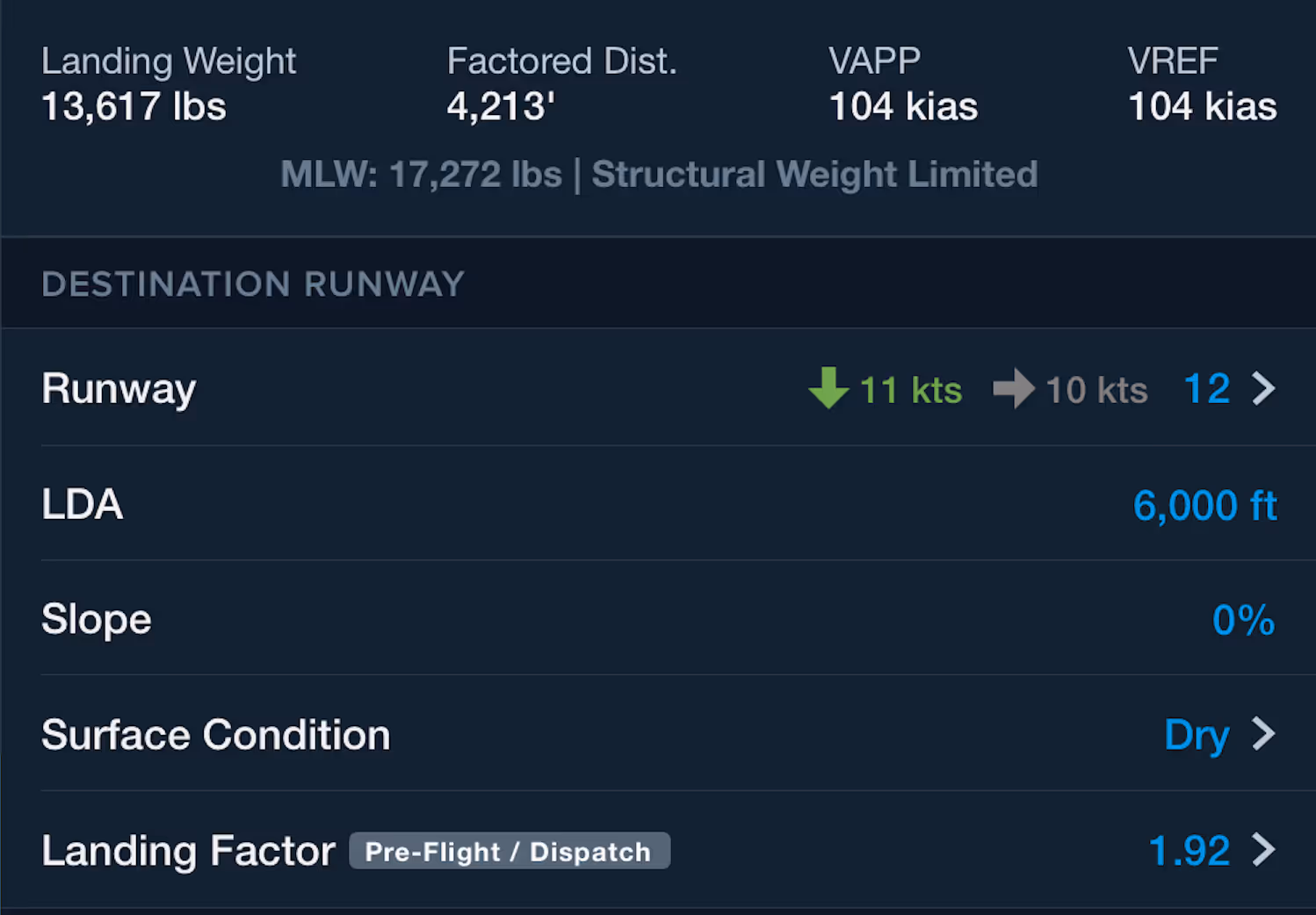Screenshot of ForeFlight Mobile showing how to calculate landing distances.