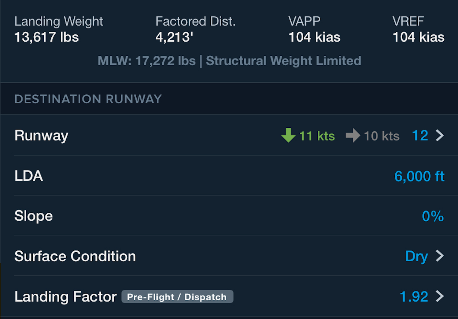 Screenshot of ForeFlight Mobile showing how to calculate landing distances.