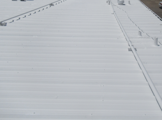 Coated metal roof with sealed seams and fasteners.