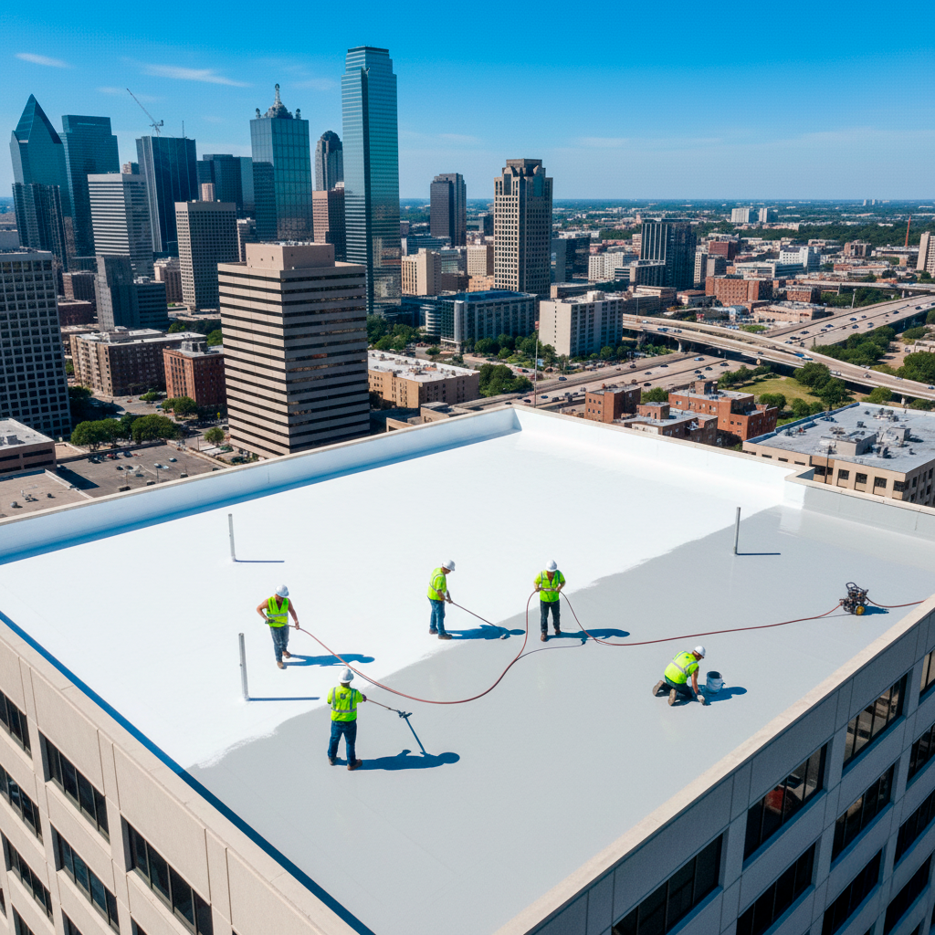 Roofing workers applying a white coating with the Dallas skyline behind them.