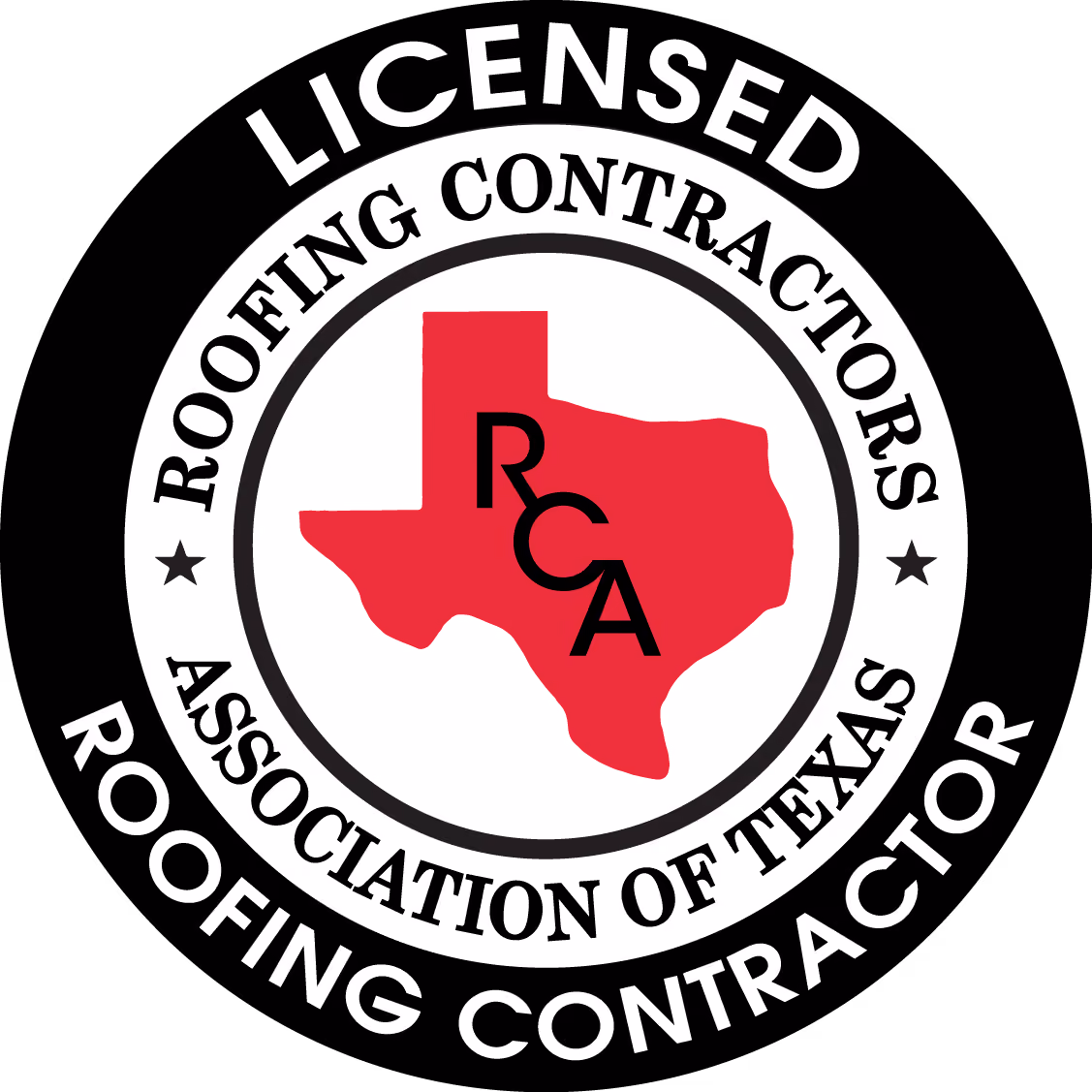 Red silhouette of Texas with black letters RCA inside, encircled by text reading Licensed Roofing Contractors Association of Texas with two black stars on a white circular background.