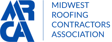 Logo of Midwest Roofing Contractors Association with stylized letters MRCA in blue next to the organization name in uppercase blue text.