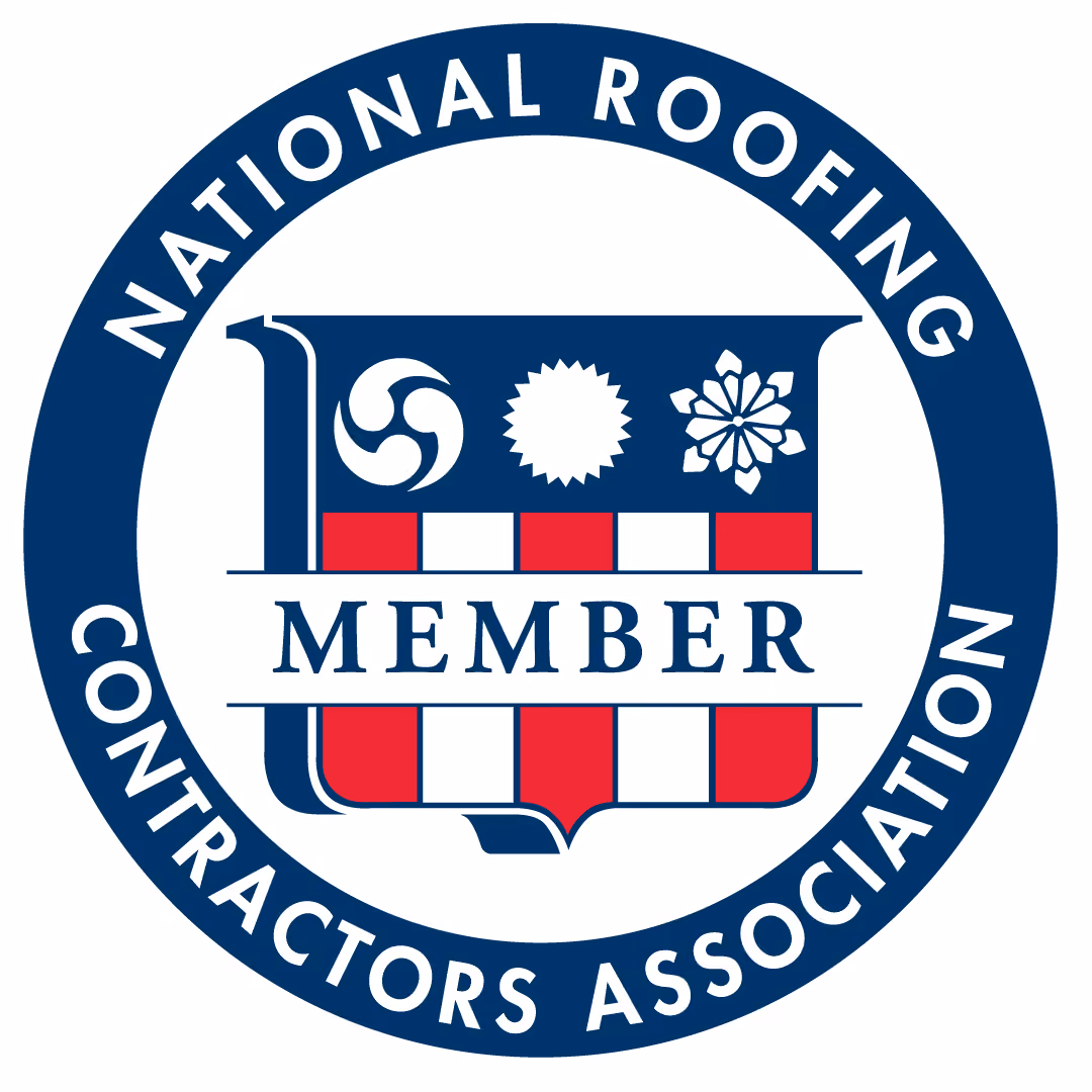 Seal of the National Roofing Contractors Association with a shield featuring three symbols on top, red and white checkered pattern below, and the word MEMBER across the center, encircled by a blue border with white text.