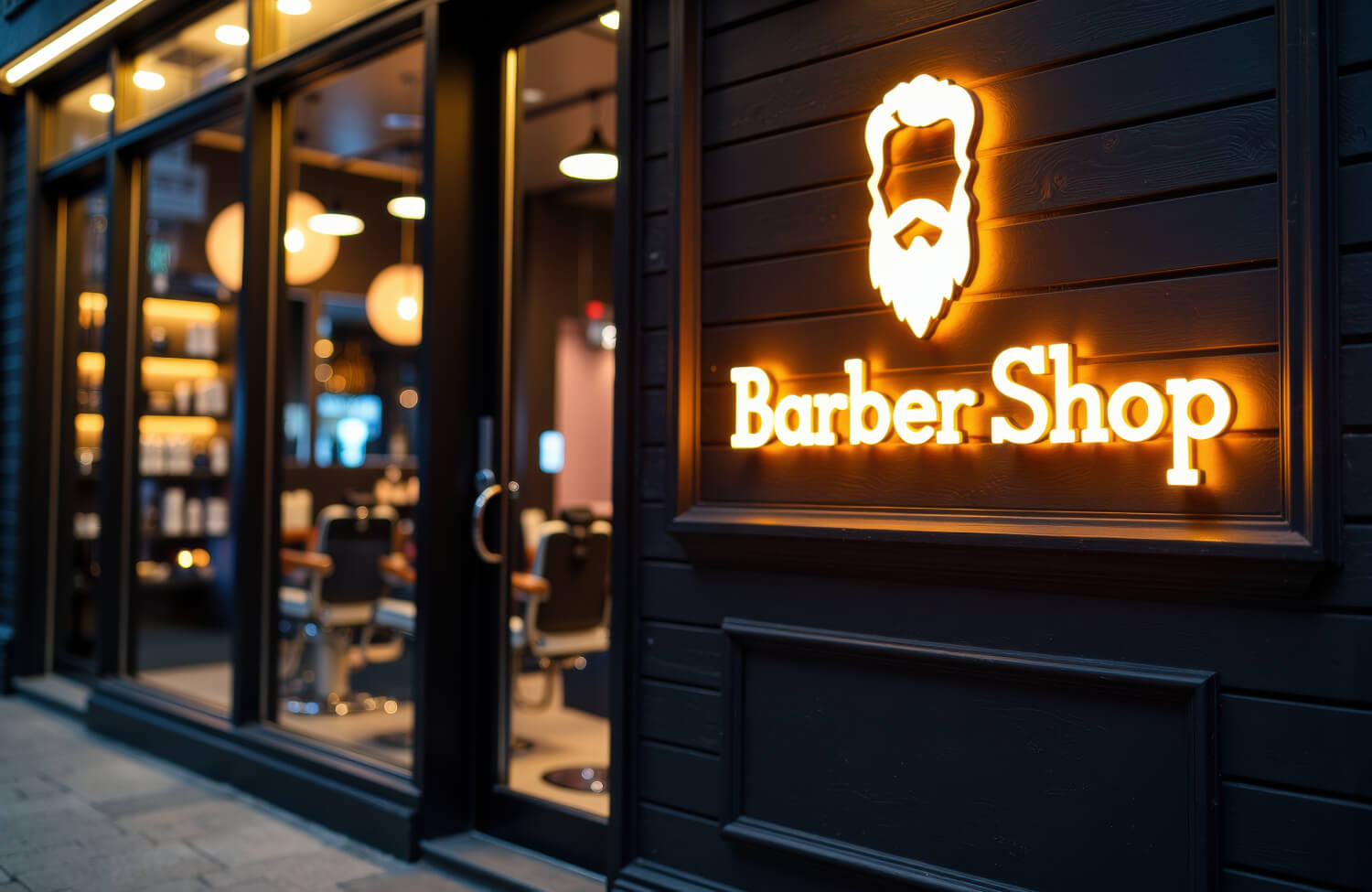 Neon-Schild eines Frisör-Salons außen an der Fassade