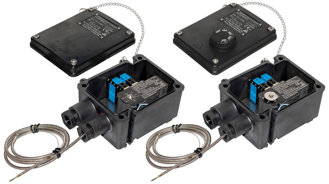 Types Y9B1 / Y9D1 - Explosion proof thermostat. Connection inside EX « e » IP65 PPS rectangular housing with built-in connection block, internal or external adjustment, wall mounting
