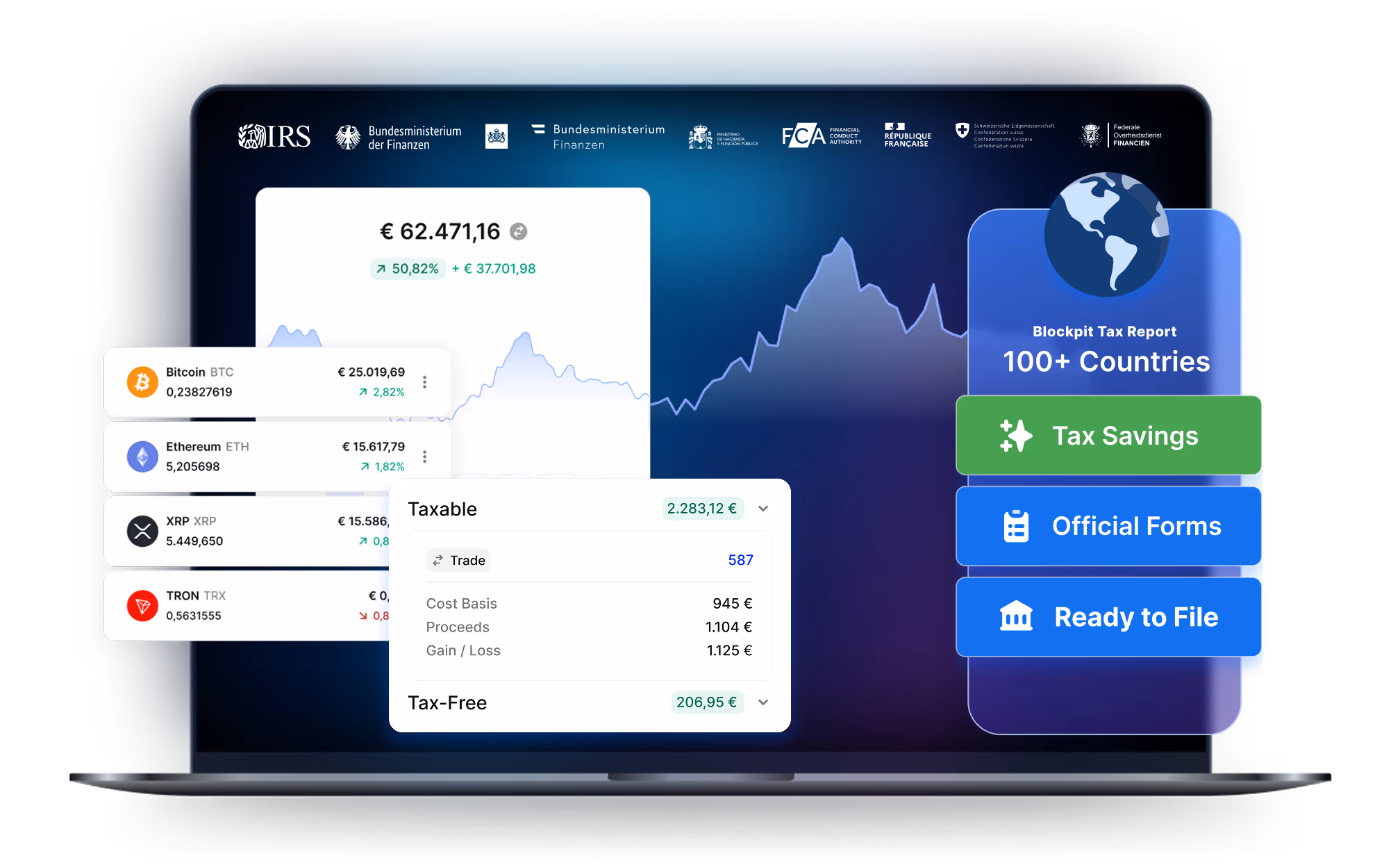 A laptop showing Blockpit's crypto tax solutions and tax report.