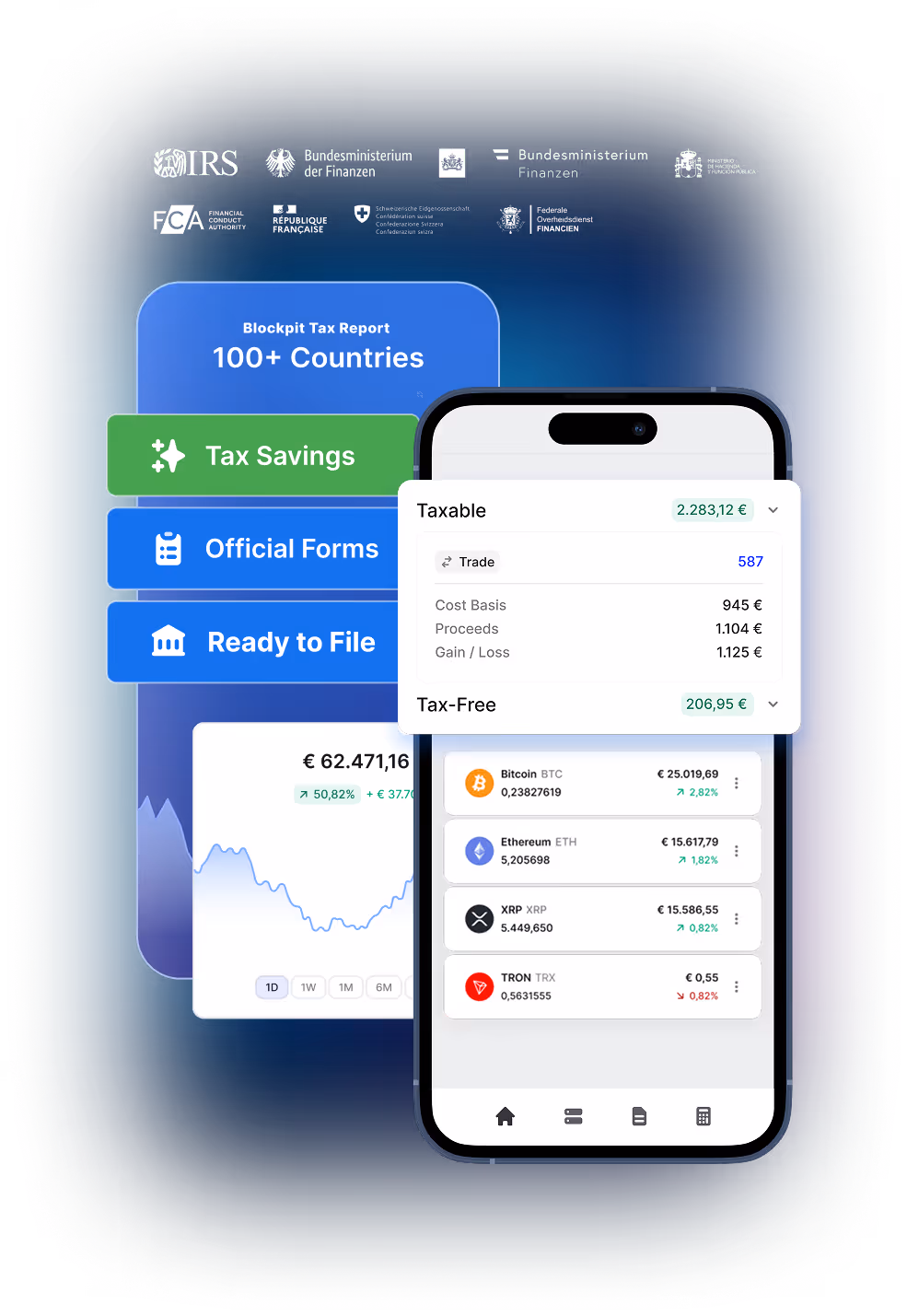 A smartphone showing Blockpit's crypto tax solutions and tax report.