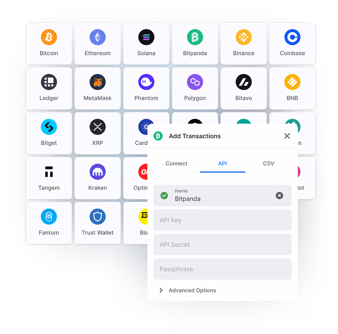 An excerpt of Blockpit's supported integrations with setup dialog.