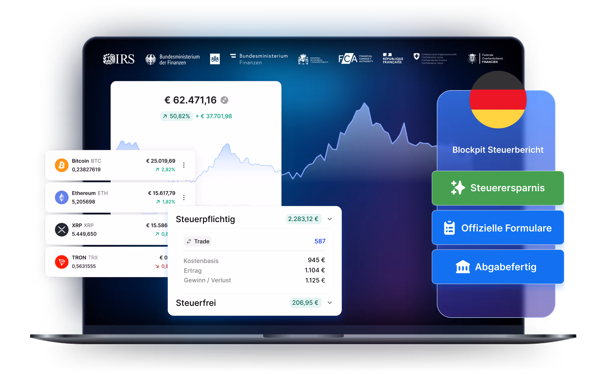 Ein Laptop der Blockpits Krypto Steuerrechner und den Steuerbericht zeigt.