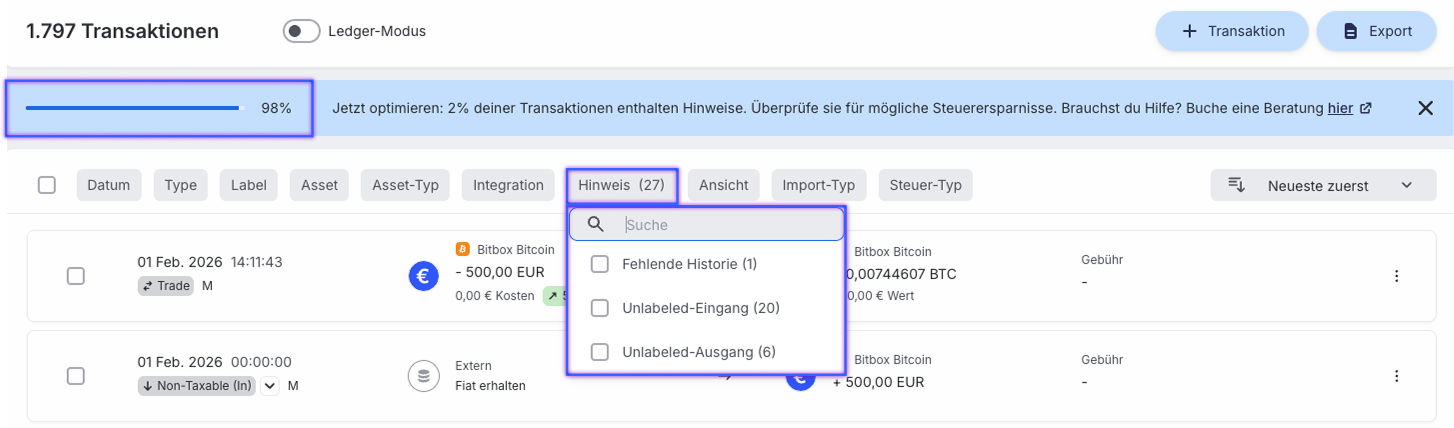 Account Health und Hinweise in Blockpit
