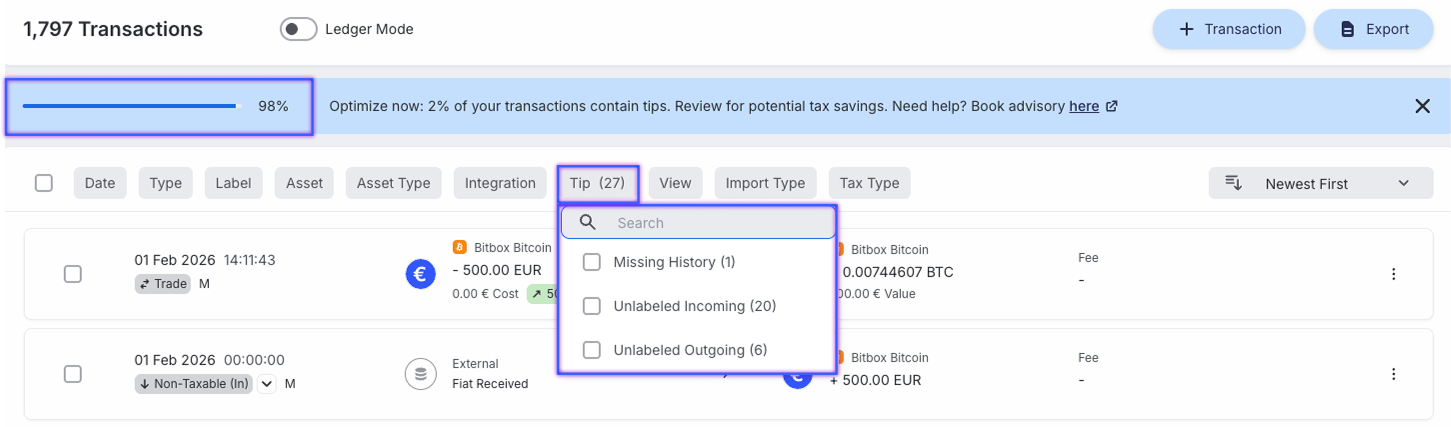 Account Health and Tips in Blockpit