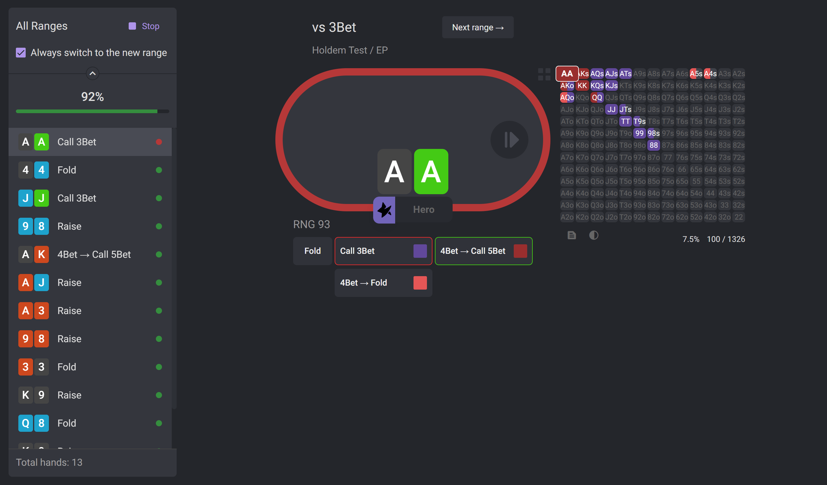 Trainer preflop de poker Freebetrange
