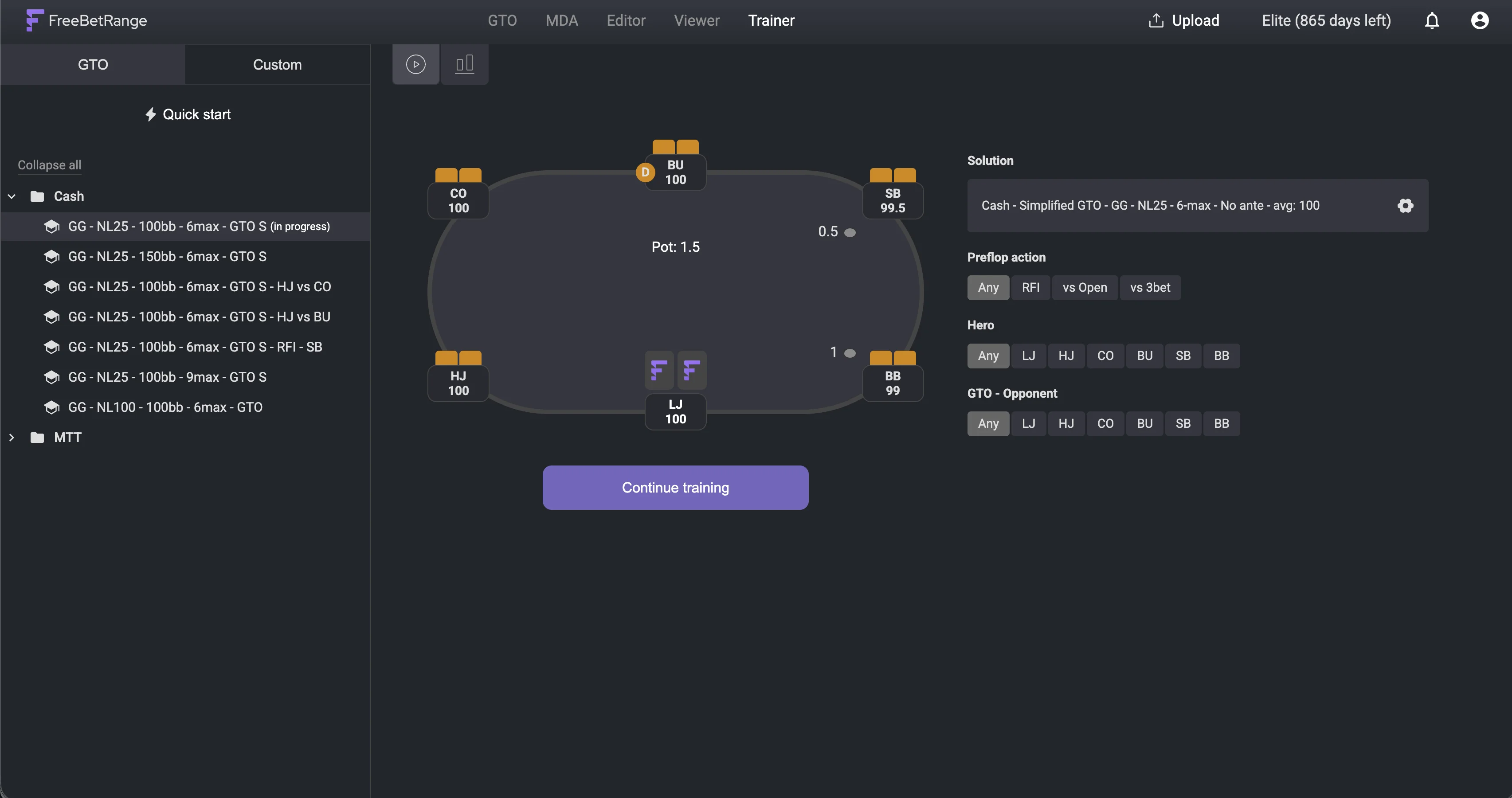 Freebetrange GTO Trainer: Quick start