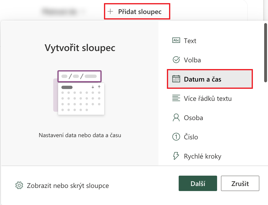 SharePoint: Přidání sloupce Datum a čas