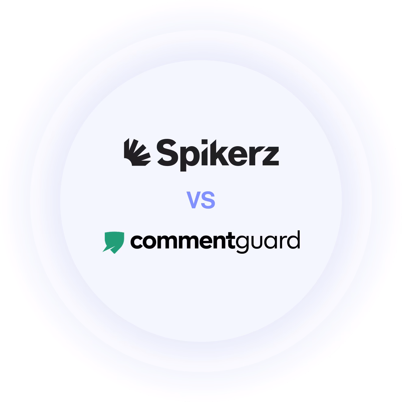 Logos of Spikerz and CommentGuard with 'vs' text between them on a white circular gradient background.