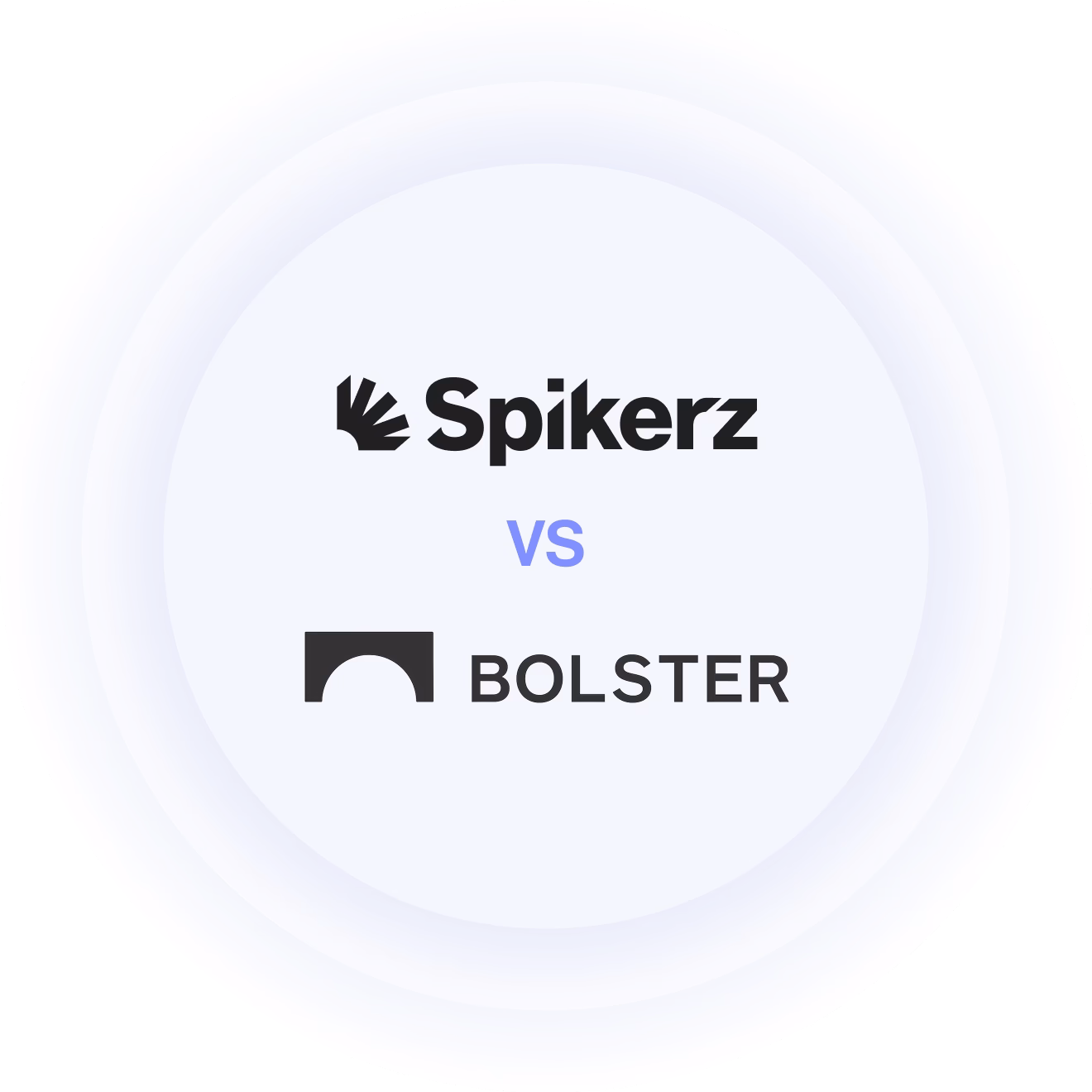 Spikerz logo above blue 'vs' text and Bolster logo on a layered white circular background.