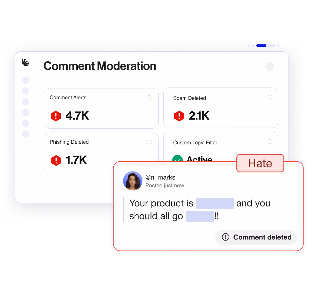 Comment moderation dashboard showing 4.7K comment alerts, 2.1K spam deleted, 1.7K phishing deleted, and an active custom topic filter, with an example comment marked as hate and deleted.