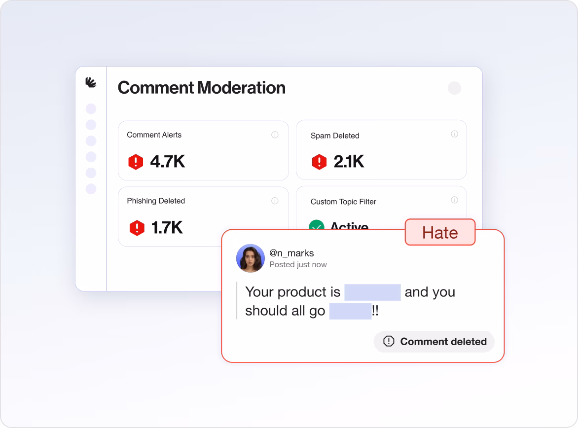 Spikerz comment moderation dashboard showing deleted spam, phishing, and hate comments.