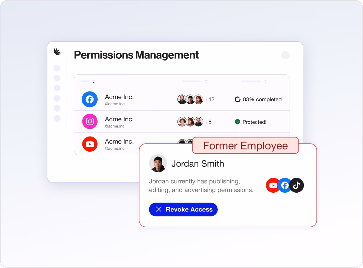 Spikerz permissions management dashboard showing account access and a former employee access warning.