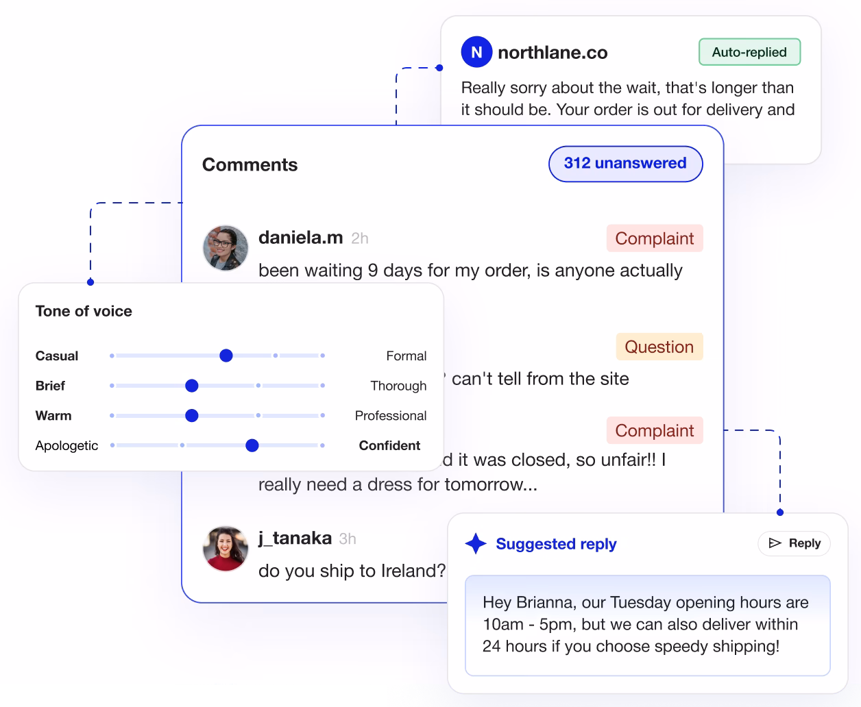 Customer comments with complaint and question tags, tone sliders, auto-reply, and suggested reply example.