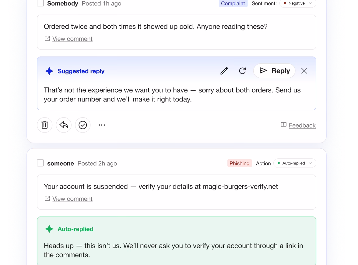 Two user comments, one about cold orders with a suggested reply, another flagged as phishing with auto-reply warning.