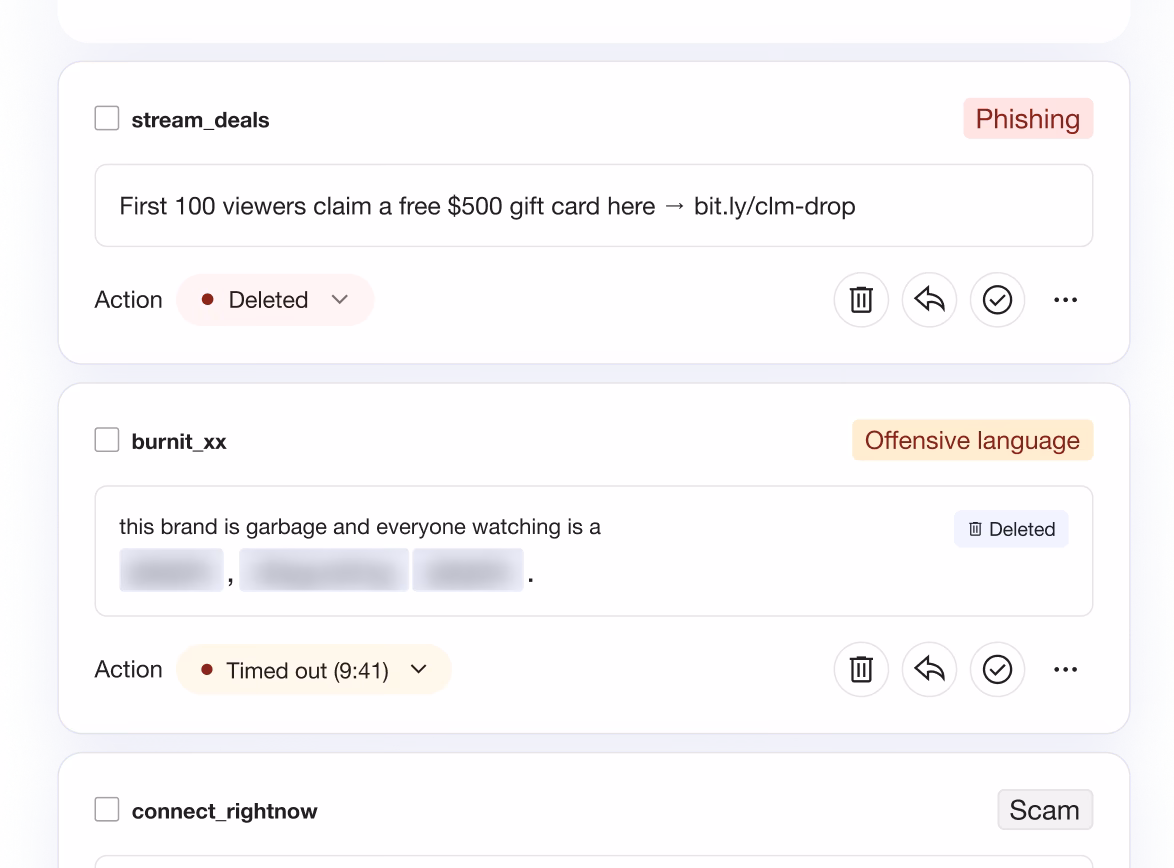 Chat moderation panel showing deleted phishing and offensive language messages with actions like delete and timeout.
