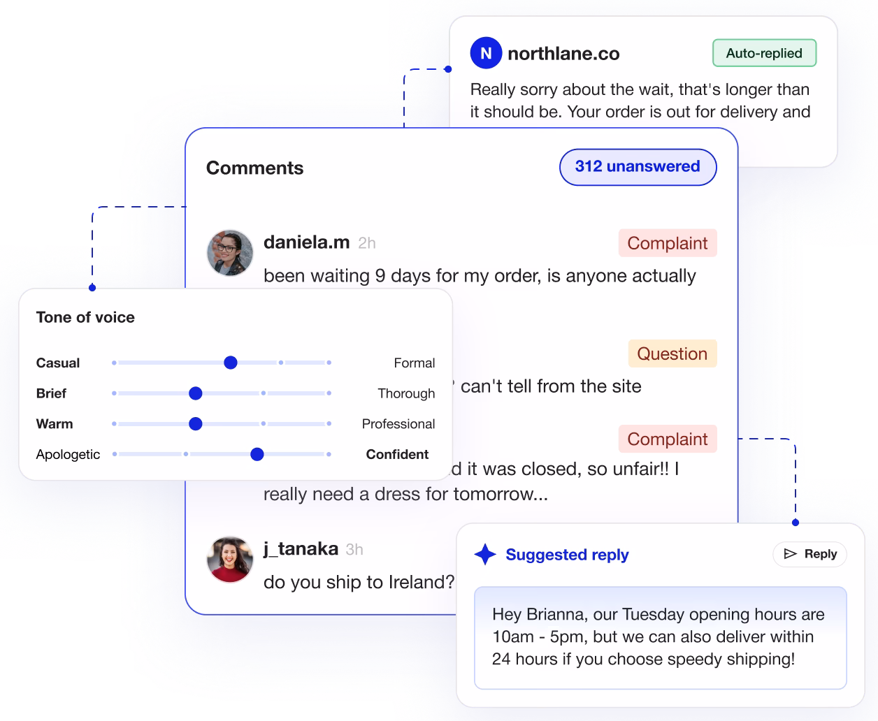 Customer comments with complaint and question tags, tone sliders, and suggested reply on order and shipping.