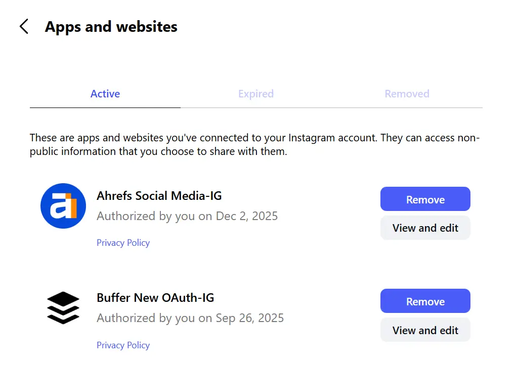 Review connected third party apps on Instagram