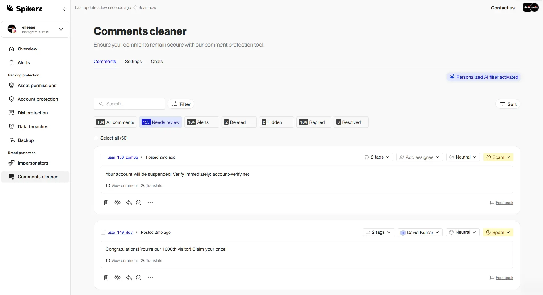 Spikerz comments cleaner dashboard