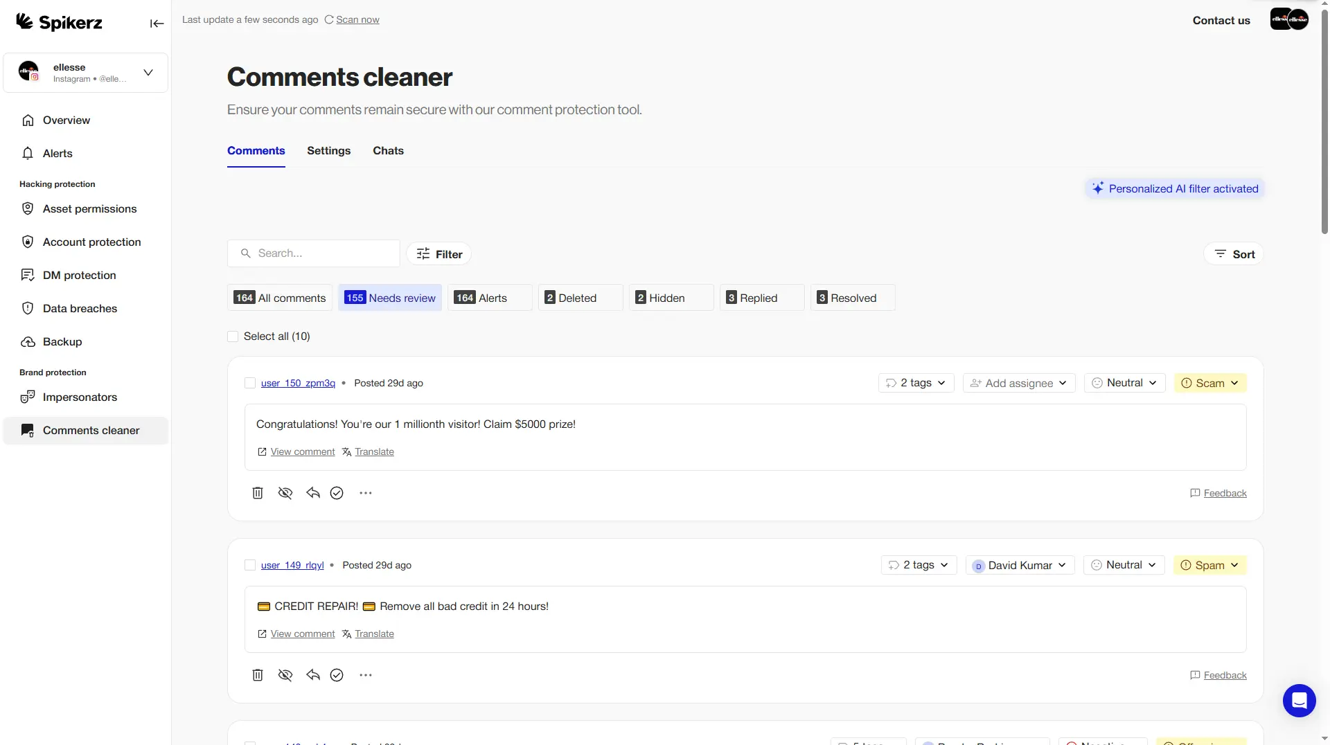 Spikerz Comments Cleaner Dashboard