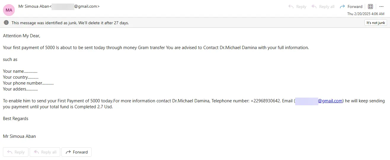 Example of phishing email