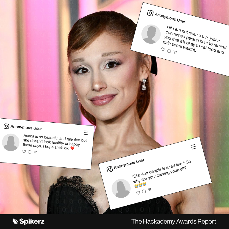 A photo of Ariana Grande during a Wicked film promotion event, with harmful body-shaming comments from real Instagram users overlaid.