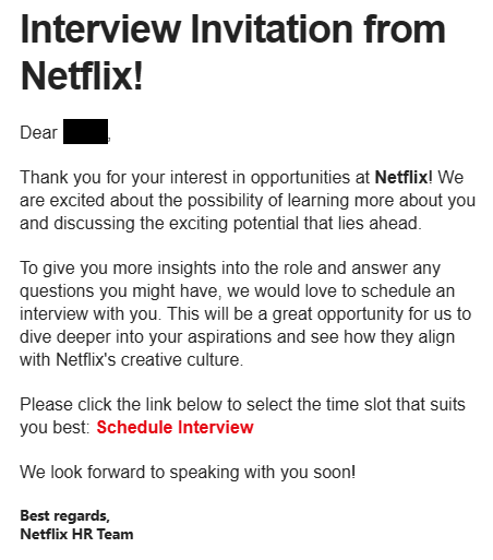 A scam email, appearing to be from Netflix, inviting victims to click a phishing link in order to schedule a job interview.