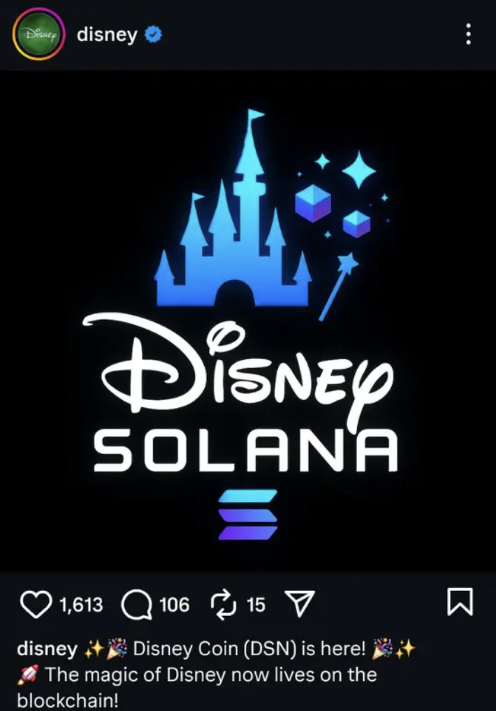 A screenshot of a scam post shared from Disney's official Instagram account after it was hijacked. The post promotes a cryptocurrency seemingly linked to Disney, but it was actually a scam.