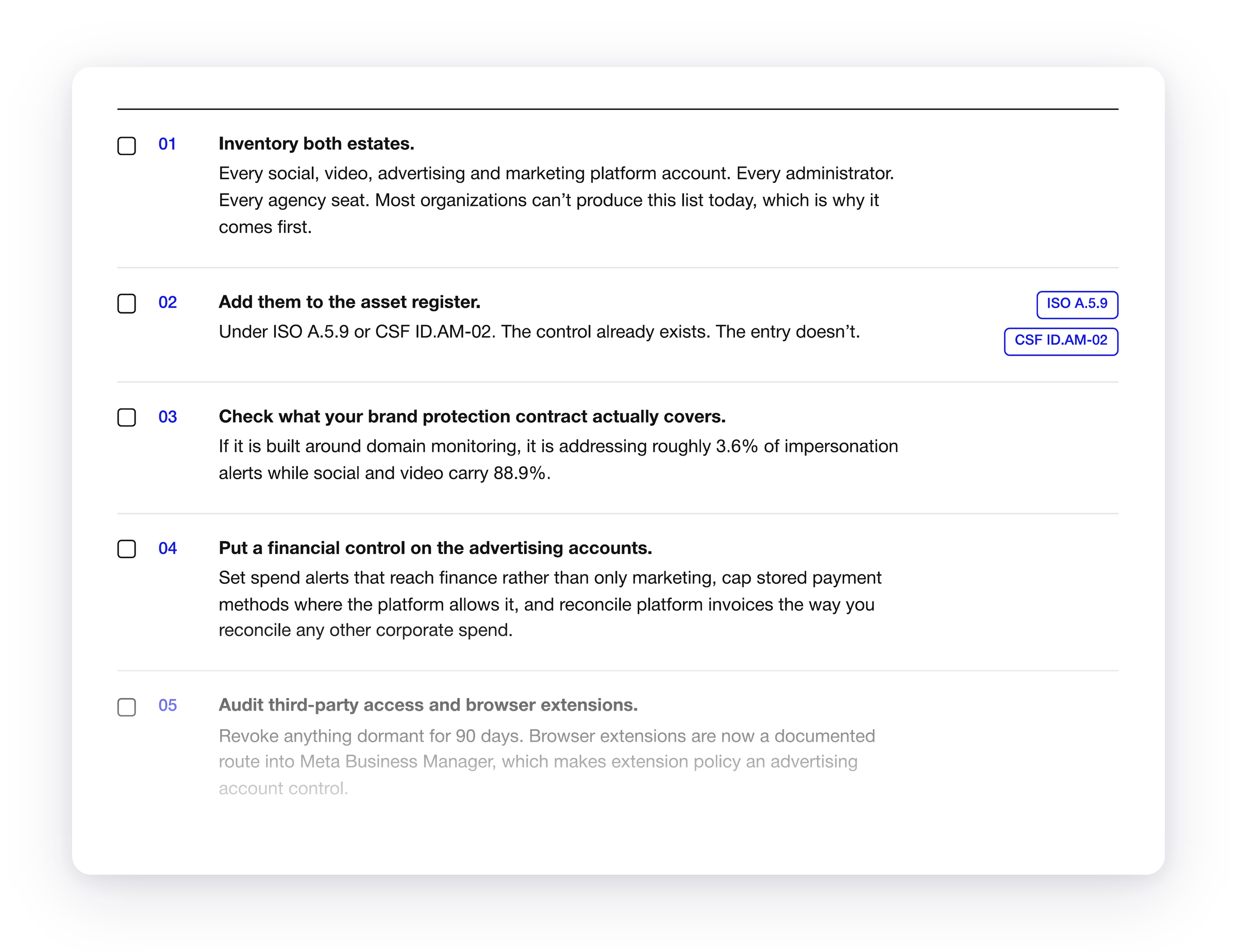 Checklist from the 30-day plan: inventory both estates, add them to the asset register, check what your brand protection contract covers, put a financial control on the advertising accounts, and audit third-party access and browser extensions.