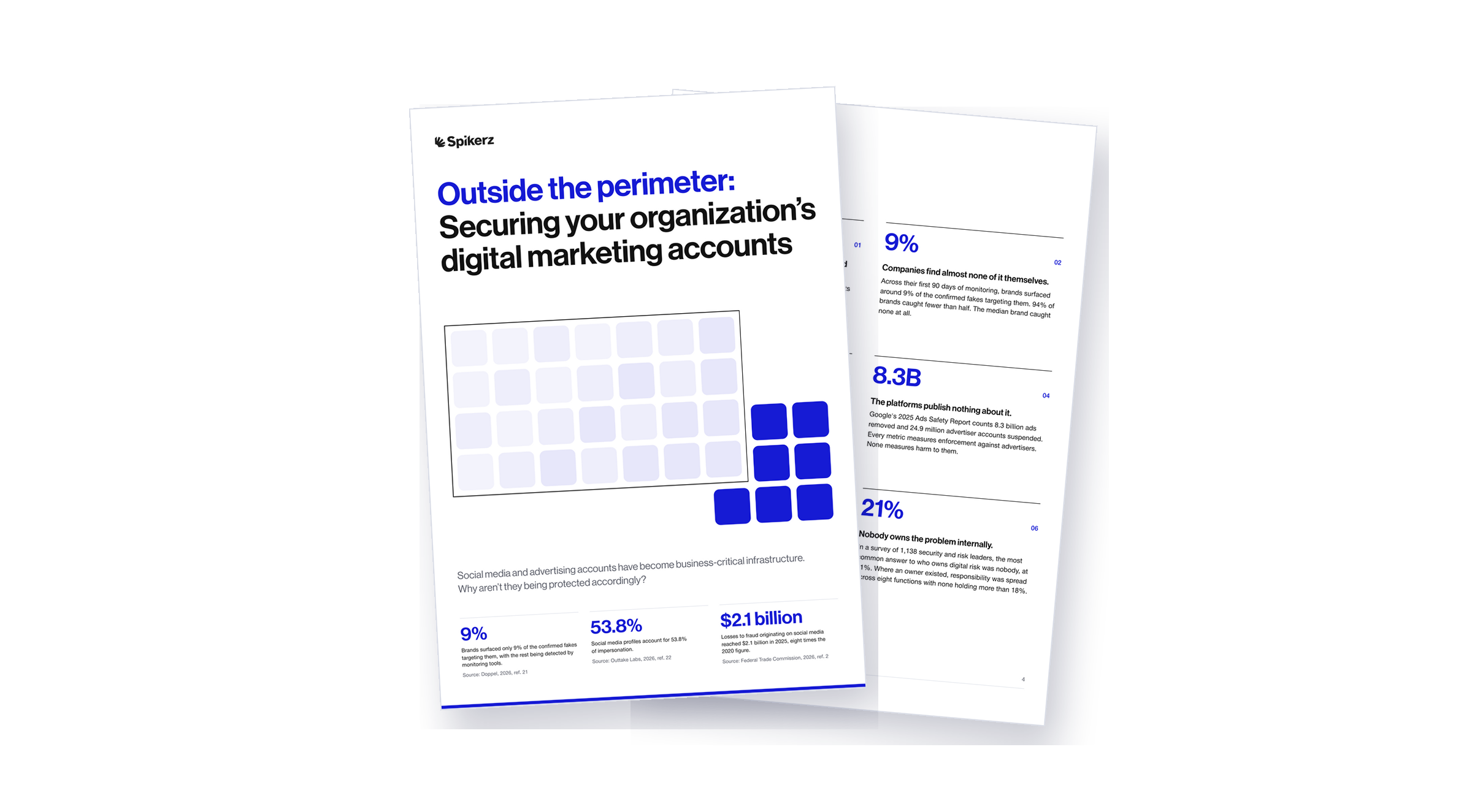 Cover of the Spikerz report "Outside the perimeter: Securing your organization's digital marketing accounts", with the key findings page behind it.