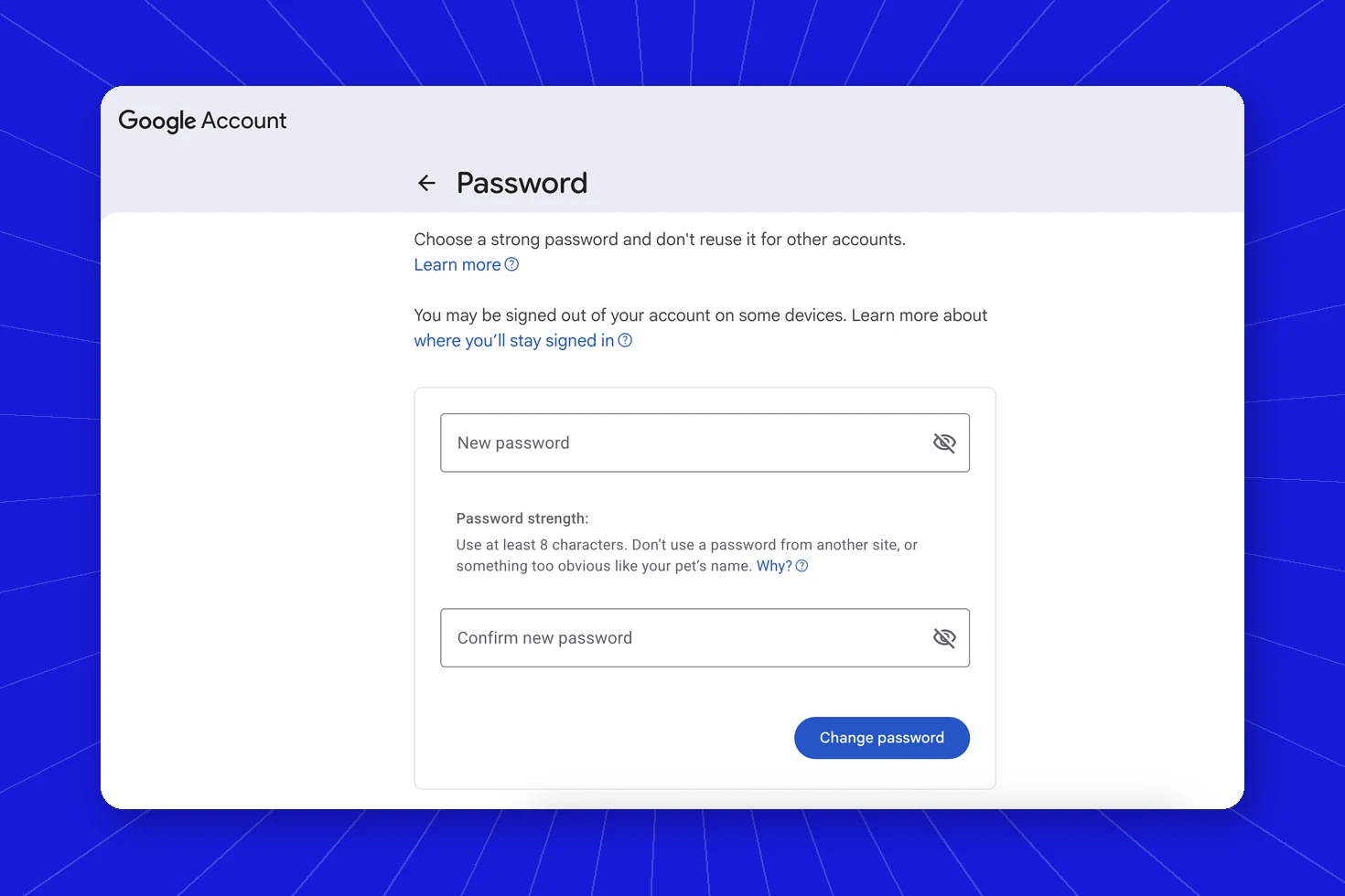 Google Account Password page with fields for a new password