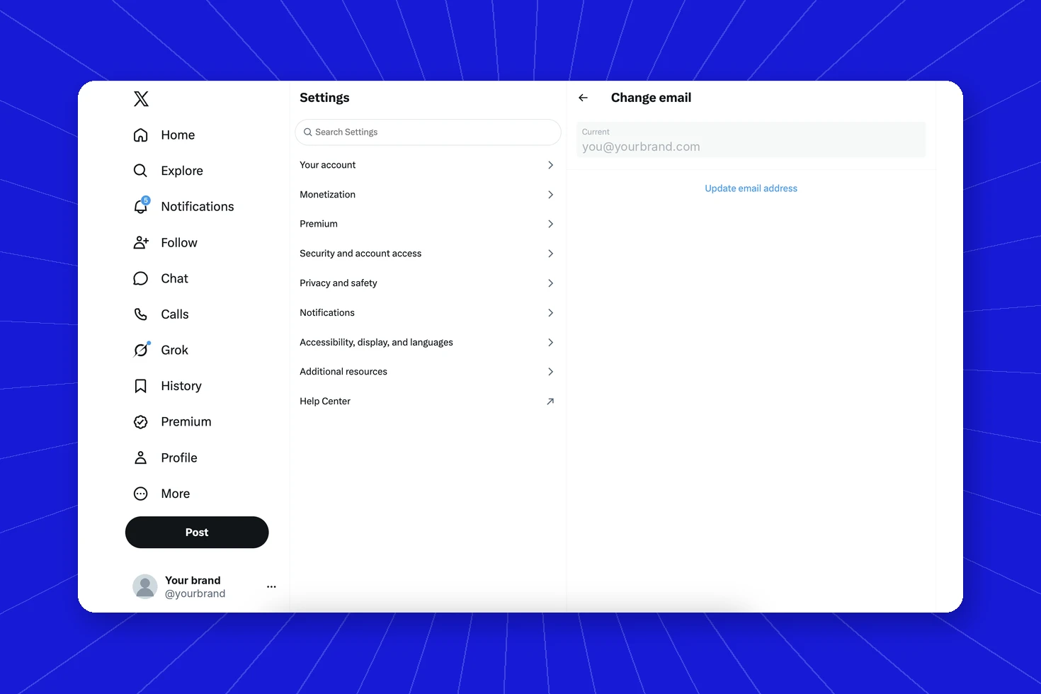 X Settings with the Change email screen and Update email address option