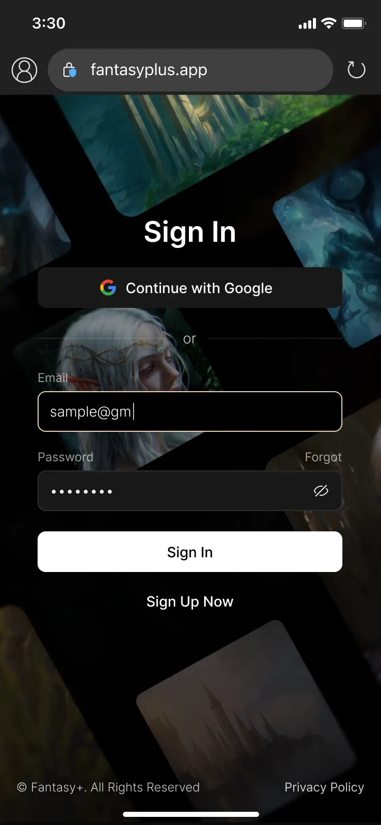 The sign in screen of a mobile game.