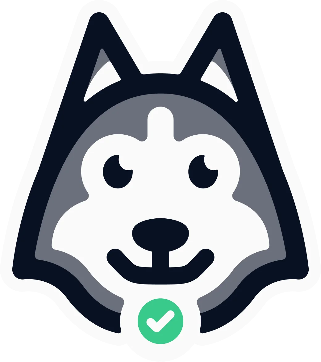 A husky dog with a green tick mark.